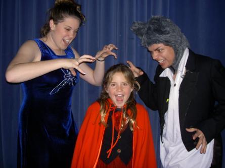 Lindsay Maple as the Witch, Kaytlin Barr as Little Red Riding Hood and John Cardenas as the Wolf