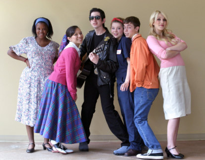 All Shook Up Actors get in the mood (left to right): Elisha Moore (Sylvia), Taylor West (Lorraine), Ben Silbert (Chad), Alene Lynch (Natalie), Travis Wright (Dennis) and Megan Martin (Miss Sandra). Photo credit:  Tim Whitehouse