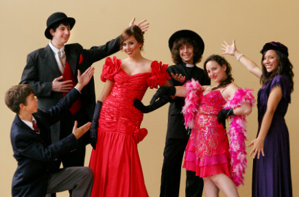 Lead actors (l to r) from CoSA's production of "Anything Goes" get into character: Travis Wright (Coronado), Ben Silbert (Rancho Penasquitos), Madeline White (Coronado), David Gibbs (Coronado), Darienne Orlansky (Rancho Penasquitos), and Taylor West (Coronado). Photo by Tim Whitehouse.
