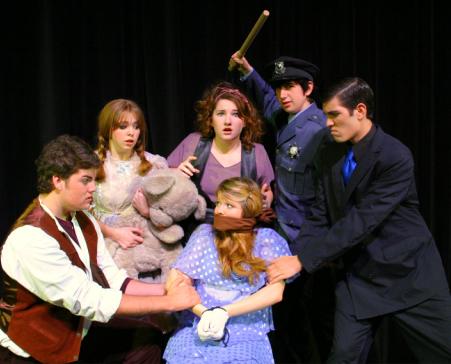 CoSA actors get into character for Urinetown. From left to right standing: Donny Gersonde (Coronado), Erin Petersen (Point Loma), Ashley Masula (Rancho Santa Fe), Ben Silbert (Rancho Penasquitos), Max Gidaley(Rancho Penasquitos) . Seated: Alene Lynch (Imperial Beach)